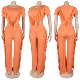 Fashion Solid Color Tassel Two Piece Pants Set GTYZ-7449