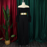 Plus Size One Shoulder Ruffles Sleeve Wide Leg Jumpsuit GCZF-8611