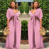 Solid Color Tie Up Wide Leg Pants Two Piece Set GTYZ-7003