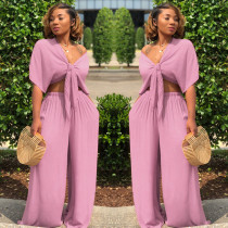 Solid Color Tie Up Wide Leg Pants Two Piece Set GTYZ-7003