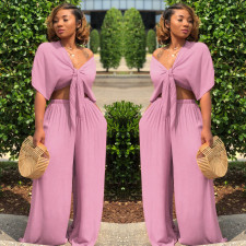 Solid Color Tie Up Wide Leg Pants Two Piece Set GTYZ-7003