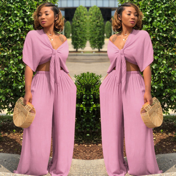 Solid Color Tie Up Wide Leg Pants Two Piece Set GTYZ-7003