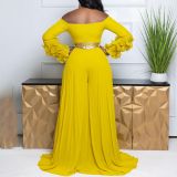 Plus Size One Shoulder Ruffles Sleeve Wide Leg Jumpsuit GCZF-8611