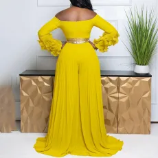 Plus Size One Shoulder Ruffles Sleeve Wide Leg Jumpsuit GCZF-8611