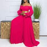 Plus Size One Shoulder Ruffles Sleeve Wide Leg Jumpsuit GCZF-8611