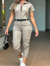 Short Sleeve Zipper Belt Jumpsuit GWDS-240999