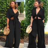 Solid Color Tie Up Wide Leg Pants Two Piece Set GTYZ-7003