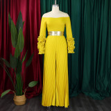 Plus Size One Shoulder Ruffles Sleeve Wide Leg Jumpsuit GCZF-8611
