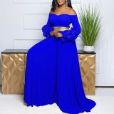 Plus Size One Shoulder Ruffles Sleeve Wide Leg Jumpsuit GCZF-8611
