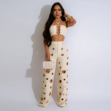 Sexy Holes Halterneck Two Piece Pants Set GTYZ-7436