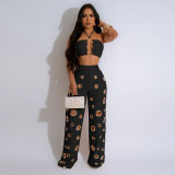 Sexy Holes Halterneck Two Piece Pants Set GTYZ-7436