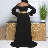 Plus Size One Shoulder Ruffles Sleeve Wide Leg Jumpsuit GCZF-8611