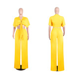 Solid Color Tie Up Wide Leg Pants Two Piece Set GTYZ-7003