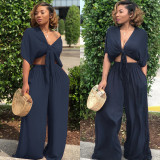 Solid Color Tie Up Wide Leg Pants Two Piece Set GTYZ-7003
