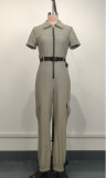 Short Sleeve Zipper Belt Jumpsuit GWDS-240999