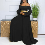 Plus Size One Shoulder Ruffles Sleeve Wide Leg Jumpsuit GCZF-8611