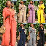 Solid Color Tie Up Wide Leg Pants Two Piece Set GTYZ-7003