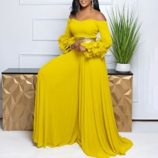 Plus Size One Shoulder Ruffles Sleeve Wide Leg Jumpsuit GCZF-8611