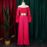 Plus Size One Shoulder Ruffles Sleeve Wide Leg Jumpsuit GCZF-8611