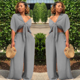 Solid Color Tie Up Wide Leg Pants Two Piece Set GTYZ-7003