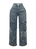 Star Tassel Raw Edge Loose Straight Jeans WXHY-XHY377