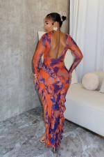 Print Backless Irregular Split Maxi Dress WXHY-XHY4038