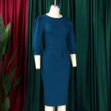 Plus Size Solid Color O Neck Slim Midi Dress GCZF-8612