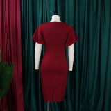 Plus Size Flare Sleeve Solid Color Midi Dress GCZF-8423