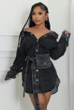 Long Sleeve Single-breasted Tie Up Denim Coat WXHY-XHY4013