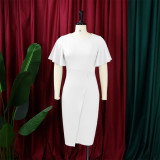 Plus Size Flare Sleeve Solid Color Midi Dress GCZF-8423