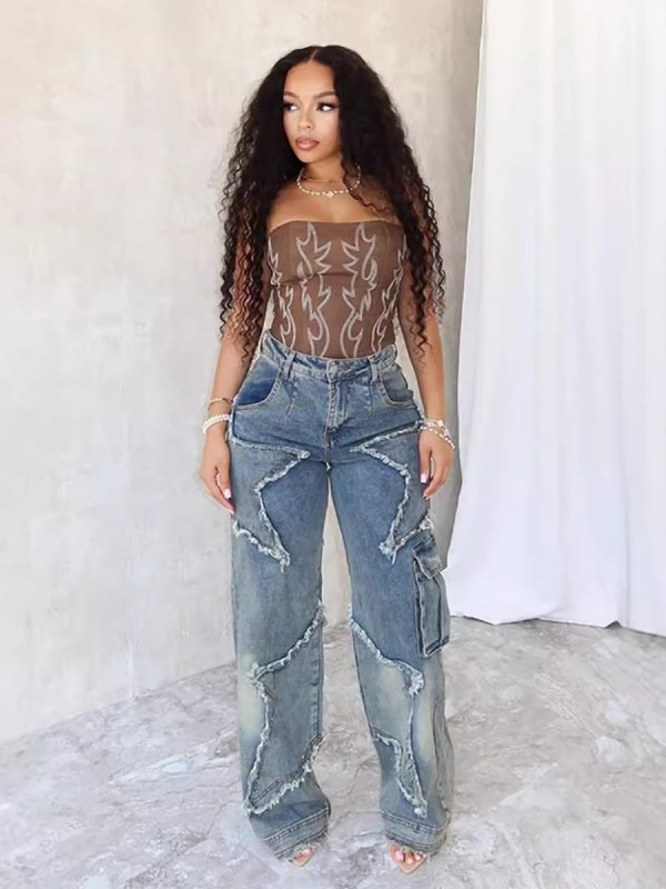 Star Tassel Raw Edge Loose Straight Jeans WXHY-XHY377