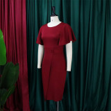 Plus Size Flare Sleeve Solid Color Midi Dress GCZF-8423