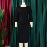 Plus Size Solid Color O Neck Slim Midi Dress GCZF-8612