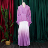 Tie Up Bat Sleeve Top Gradient Color Half Body Skirt Suit GCZF-8610