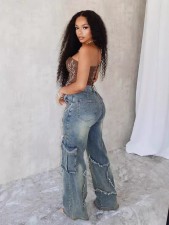 Star Tassel Raw Edge Loose Straight Jeans WXHY-XHY377