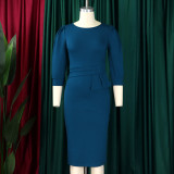 Plus Size Solid Color O Neck Slim Midi Dress GCZF-8612