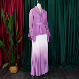 Tie Up Bat Sleeve Top Gradient Color Half Body Skirt Suit GCZF-8610