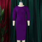 Plus Size Solid Color O Neck Slim Midi Dress GCZF-8612