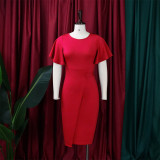 Plus Size Flare Sleeve Solid Color Midi Dress GCZF-8423