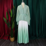 Tie Up Bat Sleeve Top Gradient Color Half Body Skirt Suit GCZF-8610