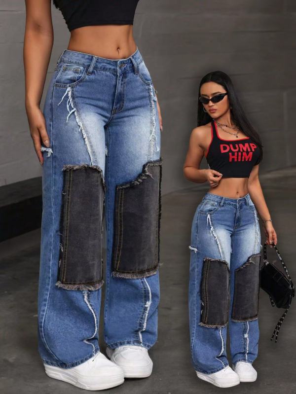 Fashion Patchwork Raw-edge Jeans WXHY-XHY4018