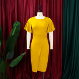 Plus Size Flare Sleeve Solid Color Midi Dress GCZF-8423