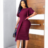 Plus Size Flare Sleeve Solid Color Midi Dress GCZF-8423