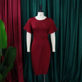 Plus Size Flare Sleeve Solid Color Midi Dress GCZF-8423