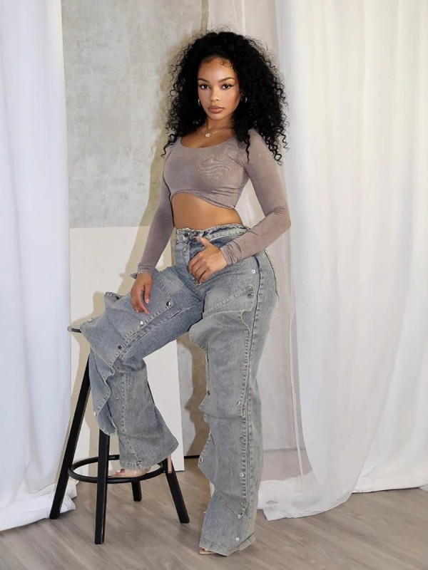 Removable Button High Waist Straight Jeans WXHY-XHY4003