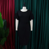 Plus Size Flare Sleeve Solid Color Midi Dress GCZF-8423