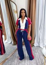 Color Block Short Sleeve Sport Two Piece Pants Set TE-4731