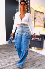 Plus Size Multi-Pocket Gradient Color Wide Leg Jeans GAKF-50215