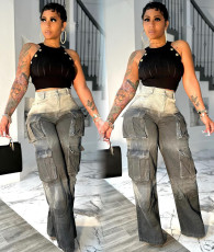 Plus Size Multi-Pocket Gradient Color Wide Leg Jeans GAKF-50215
