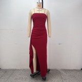 Sexy Wrap Chest Solid Color Split Maxi Dress GPBY-17156